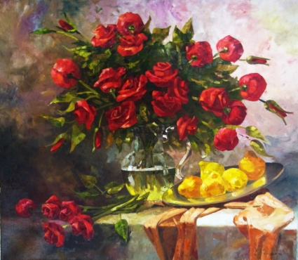 Картина Букет красных роз и груши