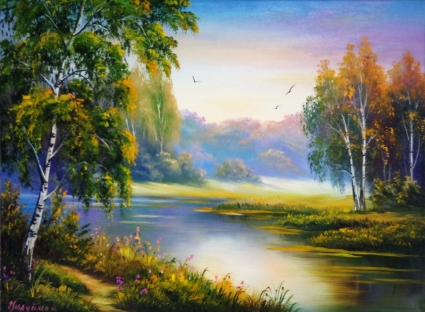 Картина Березы на берегу реки