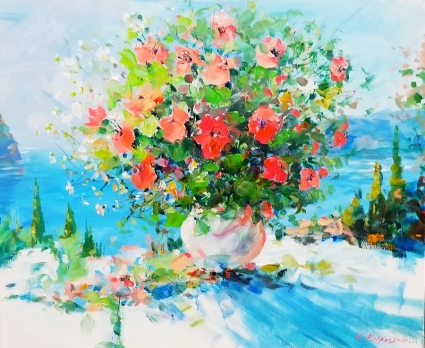 Картина Утро, цветы и море