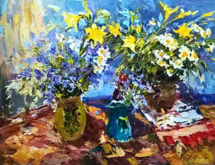 Картина Желтые лилии и ромашки
